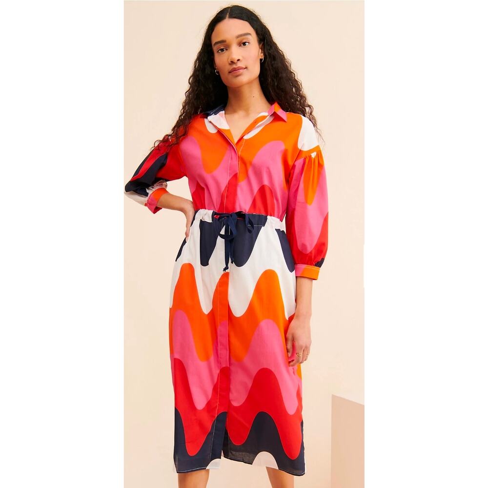Vibrant Pink Red Orange Black Cream Abstract Belted Shirt Dress Sz 44